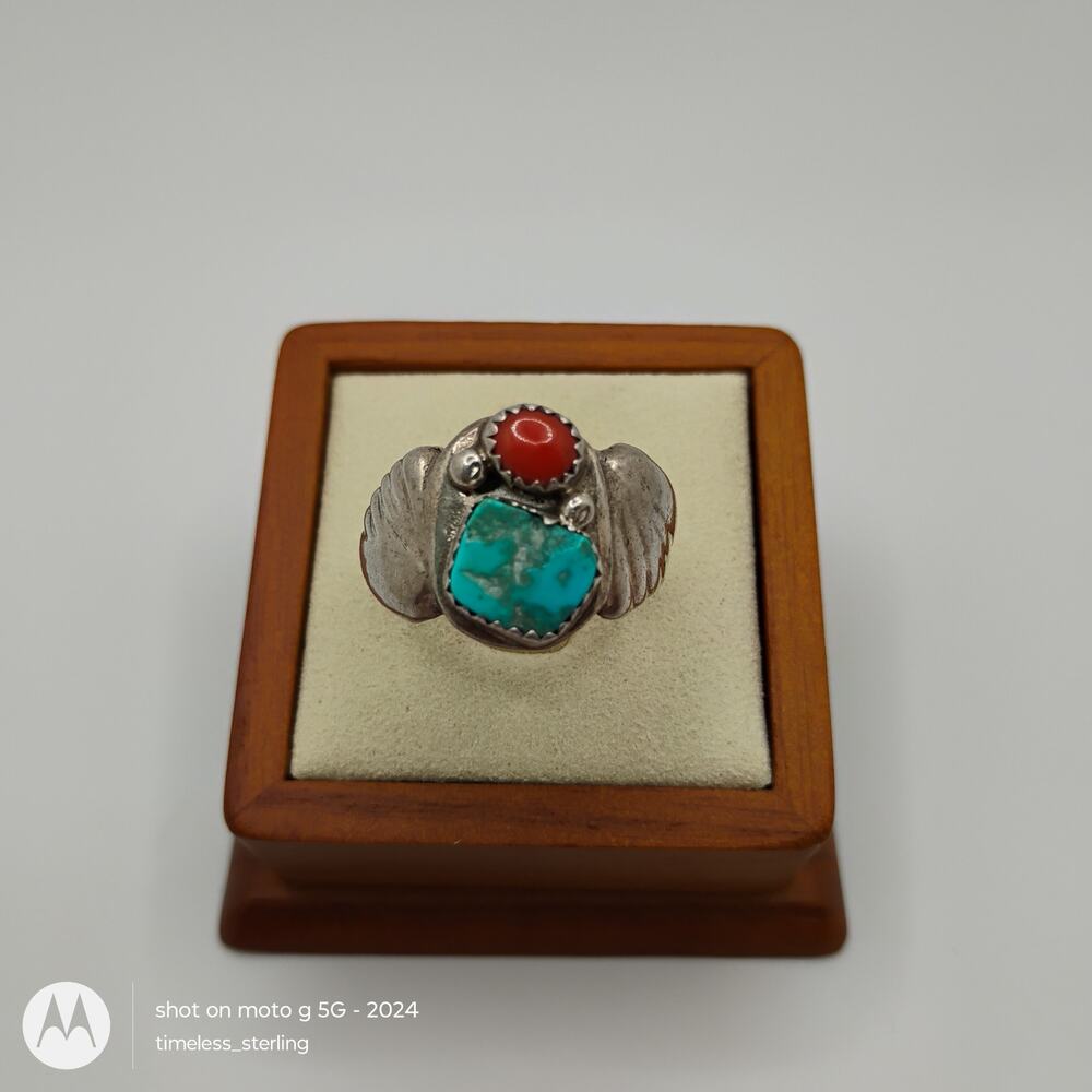 Southwestern Harvey Era Turquoise Coral and Sterling Silver Ring Size 11.5